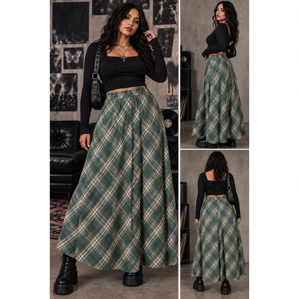 Scarlet Darkness Green Plaid Maxi Skirt XL Cottagecore Renaissance Elastic Waist